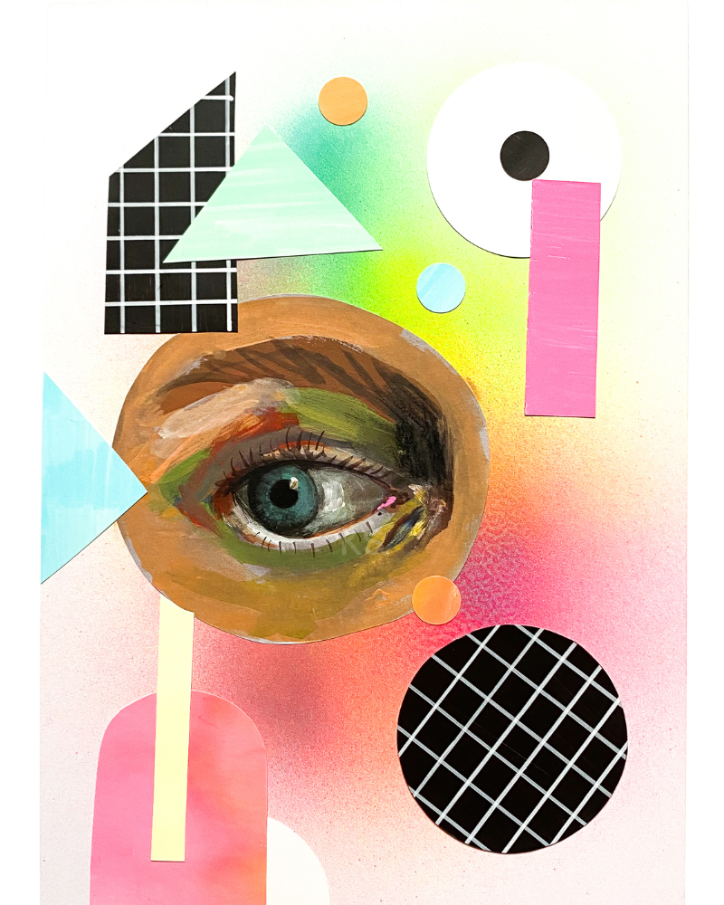 Art image of a brightly coloured collage with geometric shapes and a hand painted open eye looking sideways